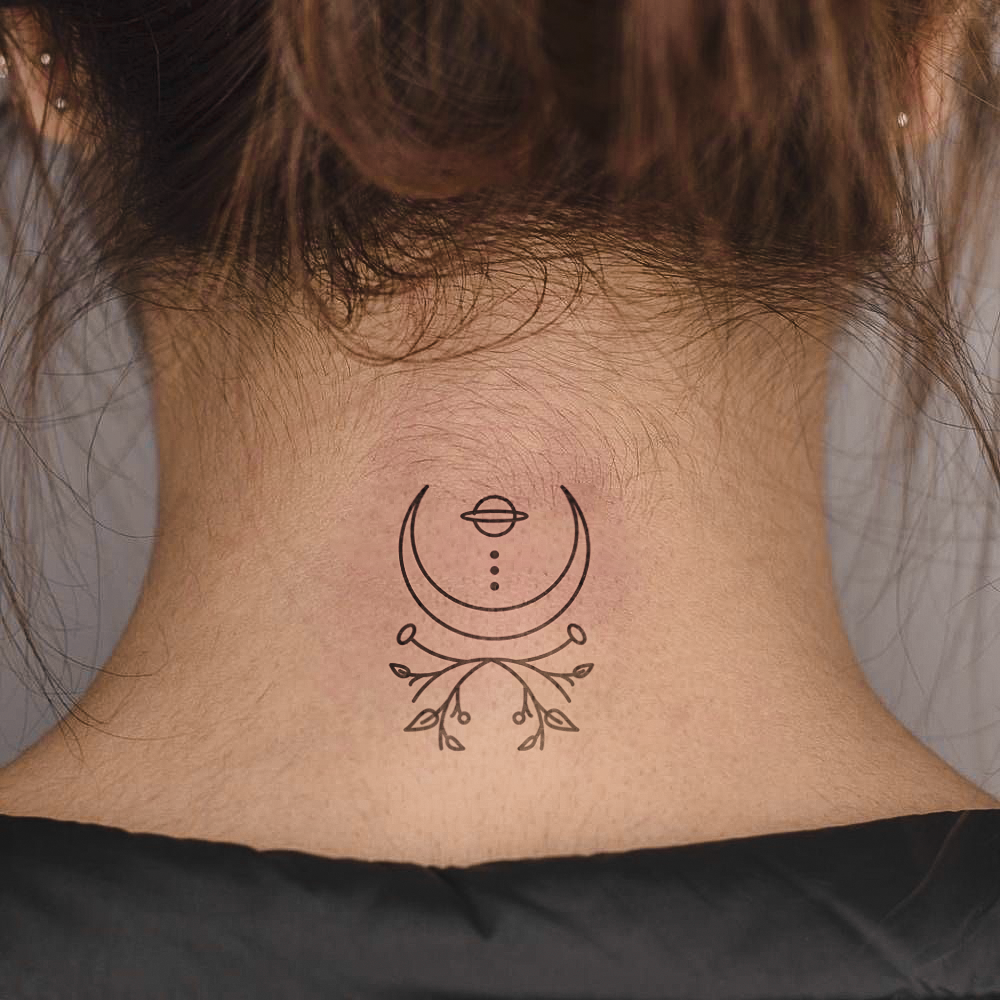 Moon, planet and leaves tattoo