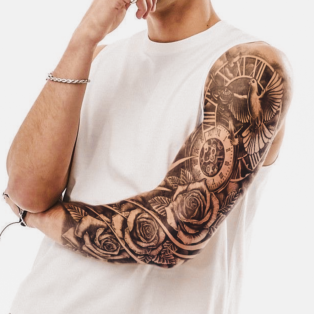 Tatuaje Manga tema reloj floral paloma blanca