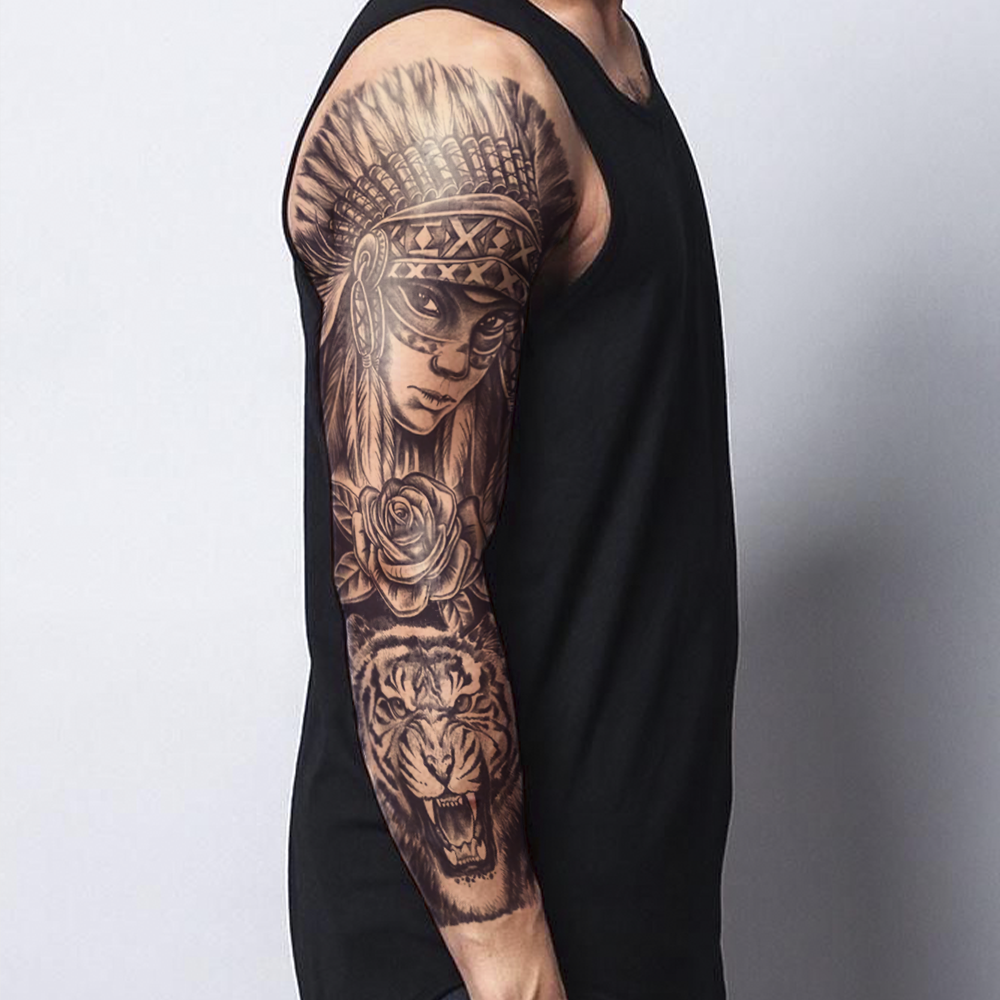 Tiger, rose and Indian tattoo