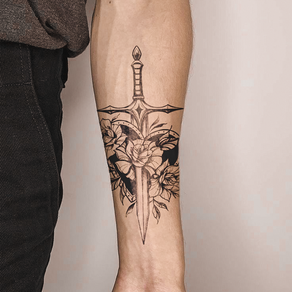 Floral Heart Dagger Tattoo