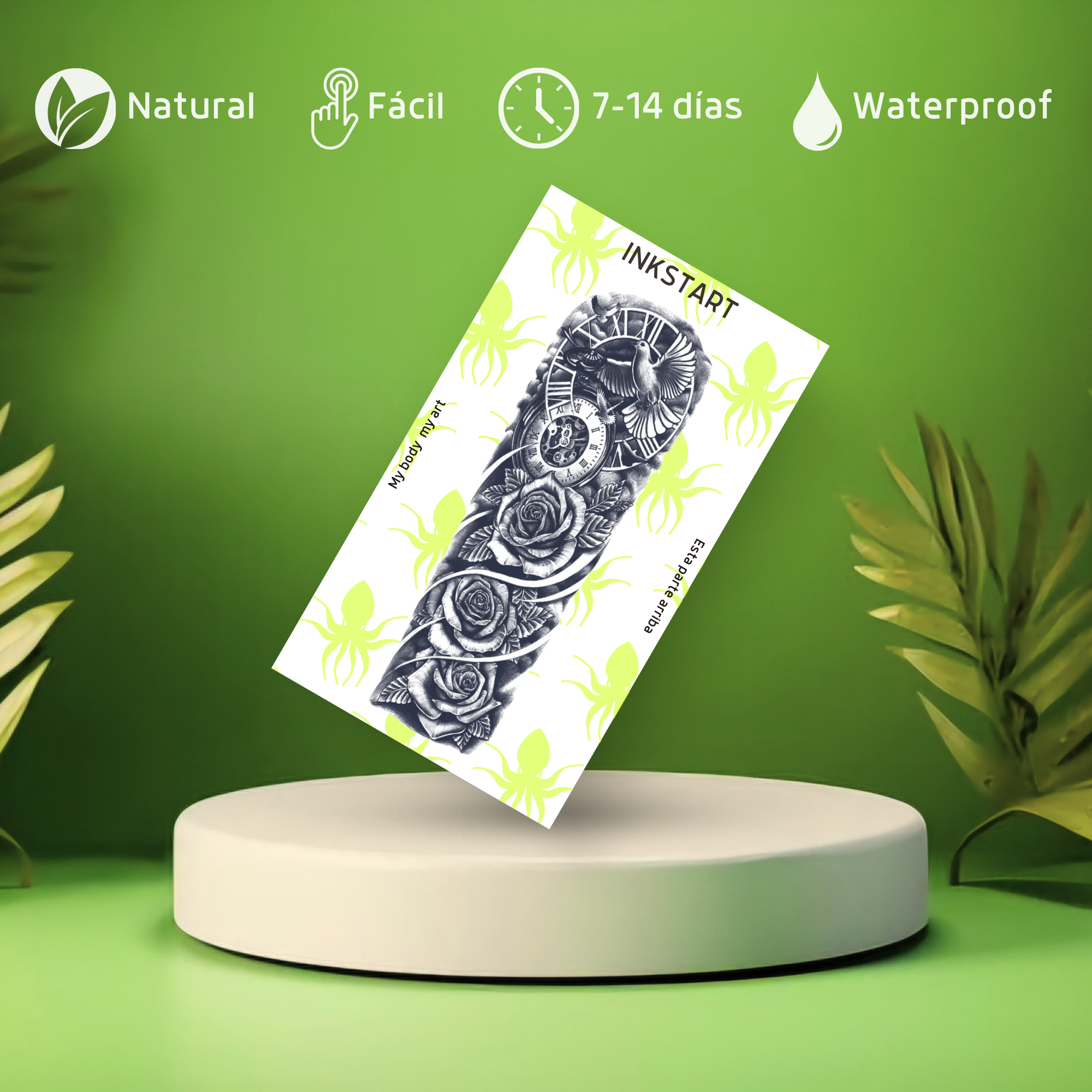 Tatuaje Manga tema reloj floral paloma blanca